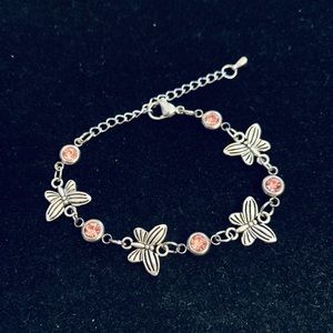 Butterflies charm bracelet with pink rhinestone charms